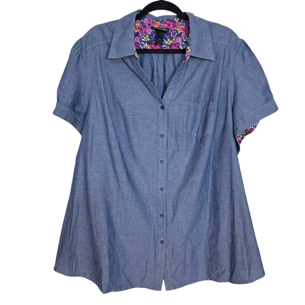 Lane Bryant 100% Cotton Chambray Button Up Shirt Floral Trim Blue Plus 26 28